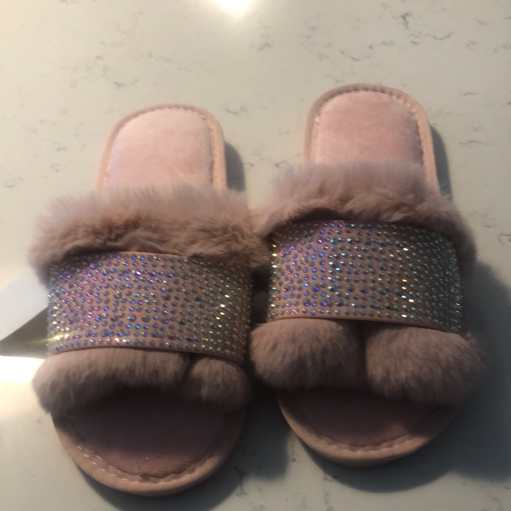 Furry Pink Slide Sandals with Rhinestones—NWT—NATALIE MILLS